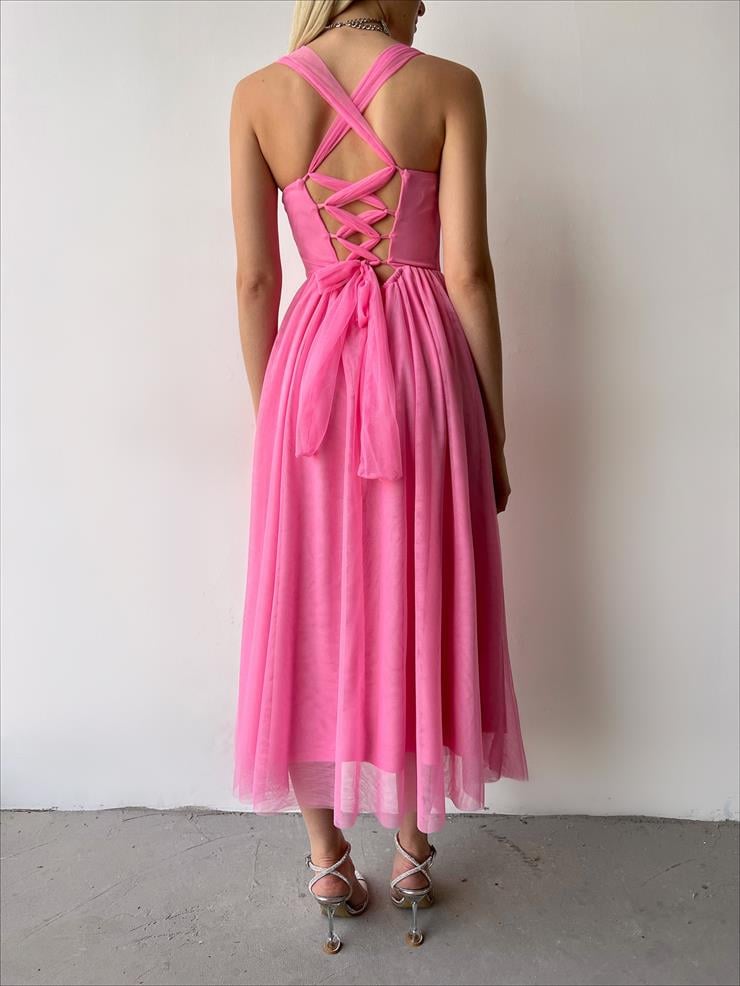 Arkadan Bağlamalı Kalın Askı Eteği Tül Felimo Kadın Pembe Elbise 23Y000159