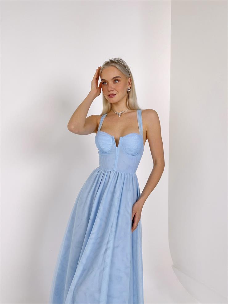 Arkadan Bağlamalı Kalın Askı Eteği Tül Felimo Kadın Bebe Mavisi Elbise 23Y000159