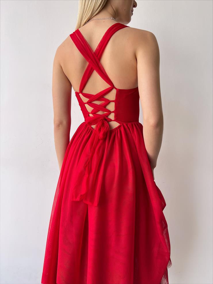 Arkadan Bağlamalı Kalın Askı Eteği Tül Felimo Kadın Kırmızı Elbise 23Y000159