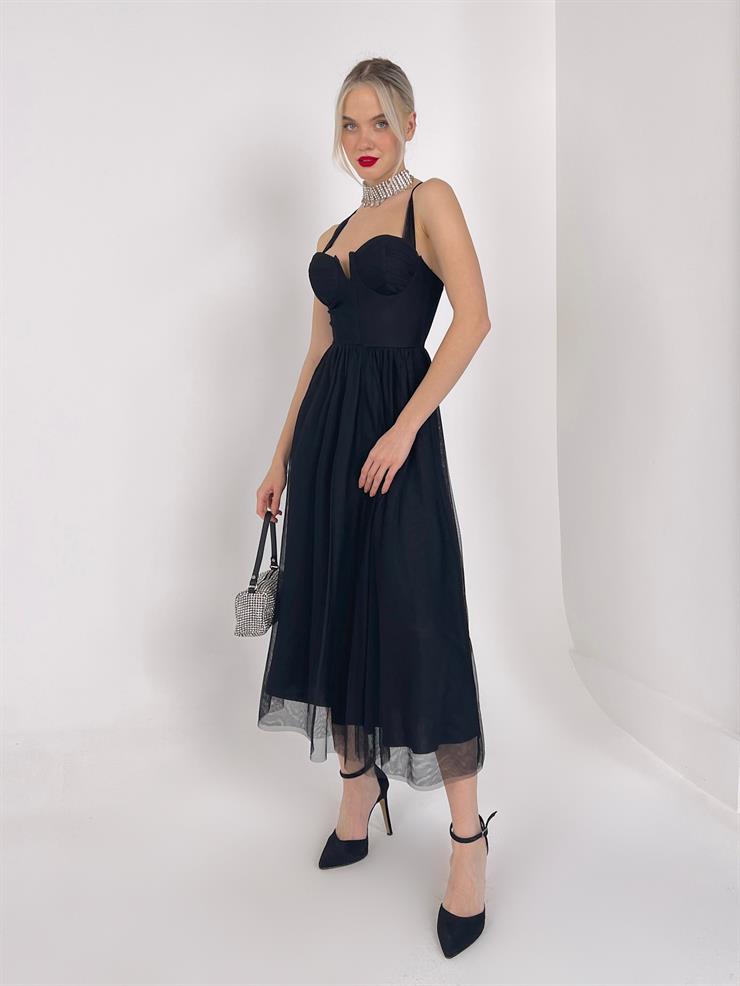 	Arkadan Bağlamalı Kalın Askı Eteği Tül Felimo Kadın Siyah Elbise 23Y000159