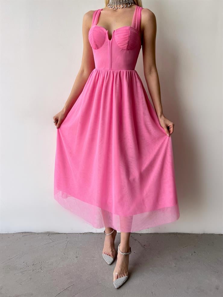 Arkadan Bağlamalı Kalın Askı Eteği Tül Felimo Kadın Pembe Elbise 23Y000159