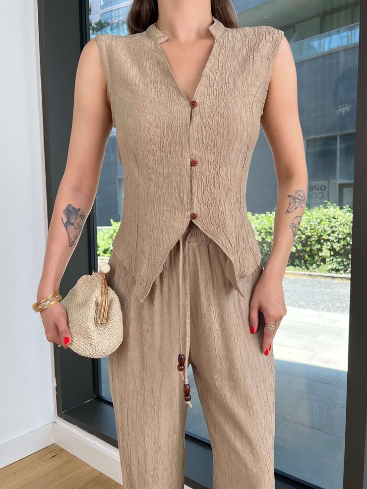 V Yaka Düğmeli Bluz Bol Paça Belden Bağlamalı Pantolon Felina Vizon Kadın Takım 25Y439