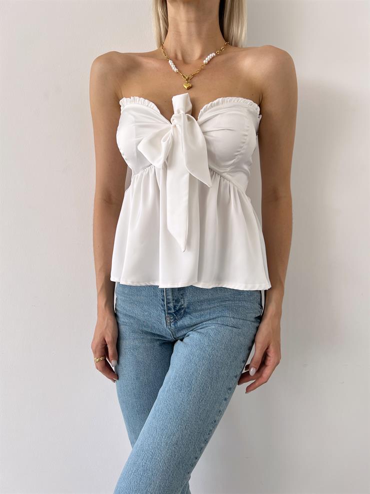 Straplez Önü Fiyonk Detaylı Felipe Kadın Beyaz Bluz 23Y000508