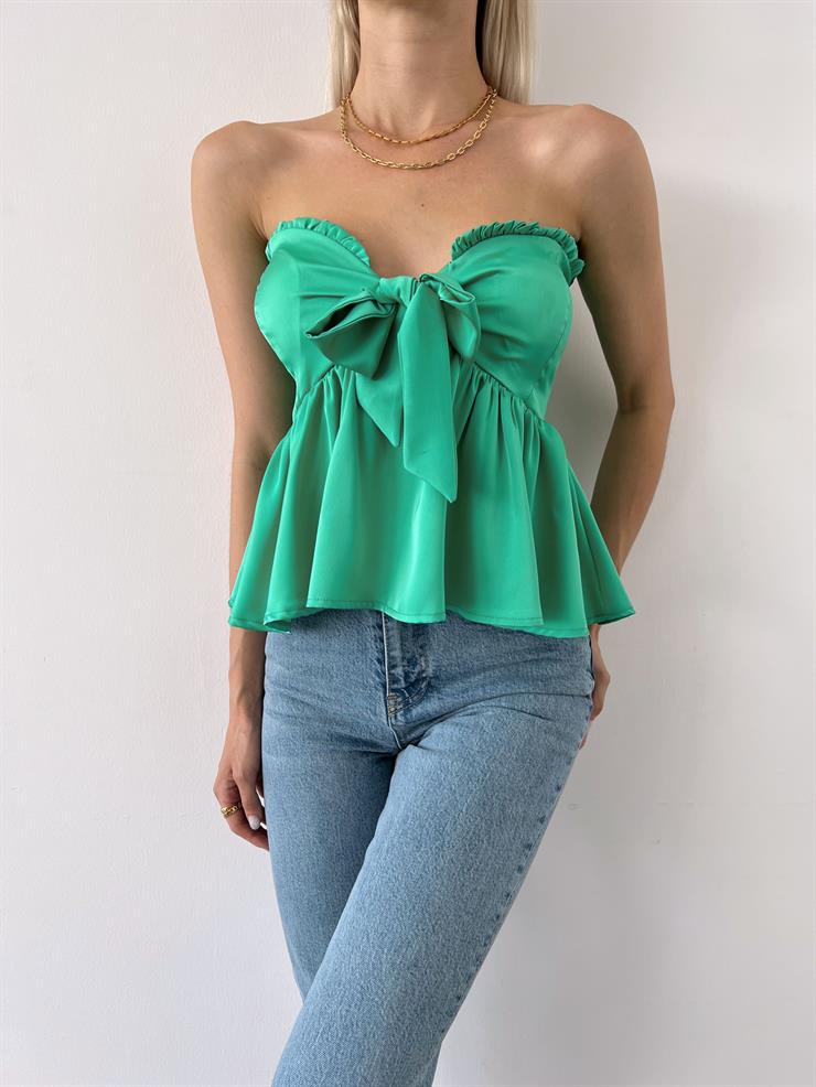 Straplez Önü Fiyonk Detaylı Felipe Kadın Yeşil Bluz 23Y000508