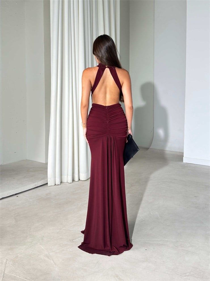 Sırtı Açık Halter Yaka Maxi Boy Bordo Felix Kadın Elbise 26Y541