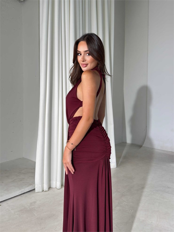 Sırtı Açık Halter Yaka Maxi Boy Bordo Felix Kadın Elbise 26Y541