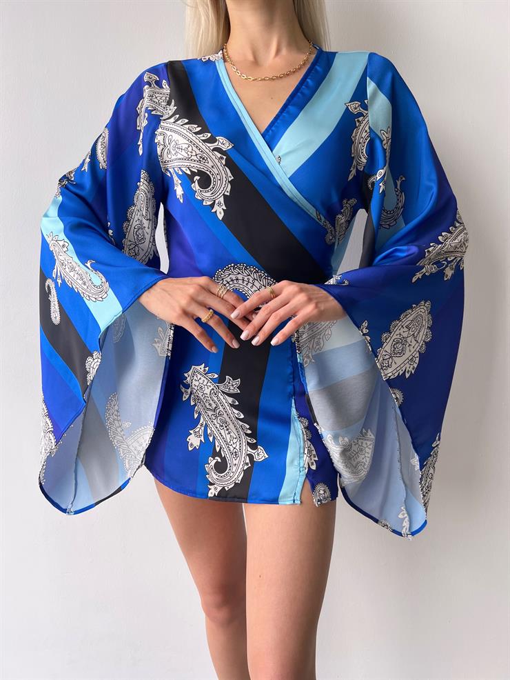 V Yaka Geniş Kol Crop Mini Etek Felli Kadın Desenli Saks Saten Takım 23Y000415