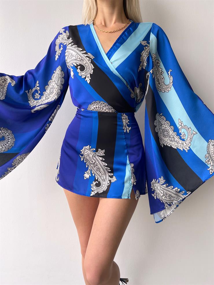 V Yaka Geniş Kol Crop Mini Etek Felli Kadın Desenli Saks Saten Takım 23Y000415