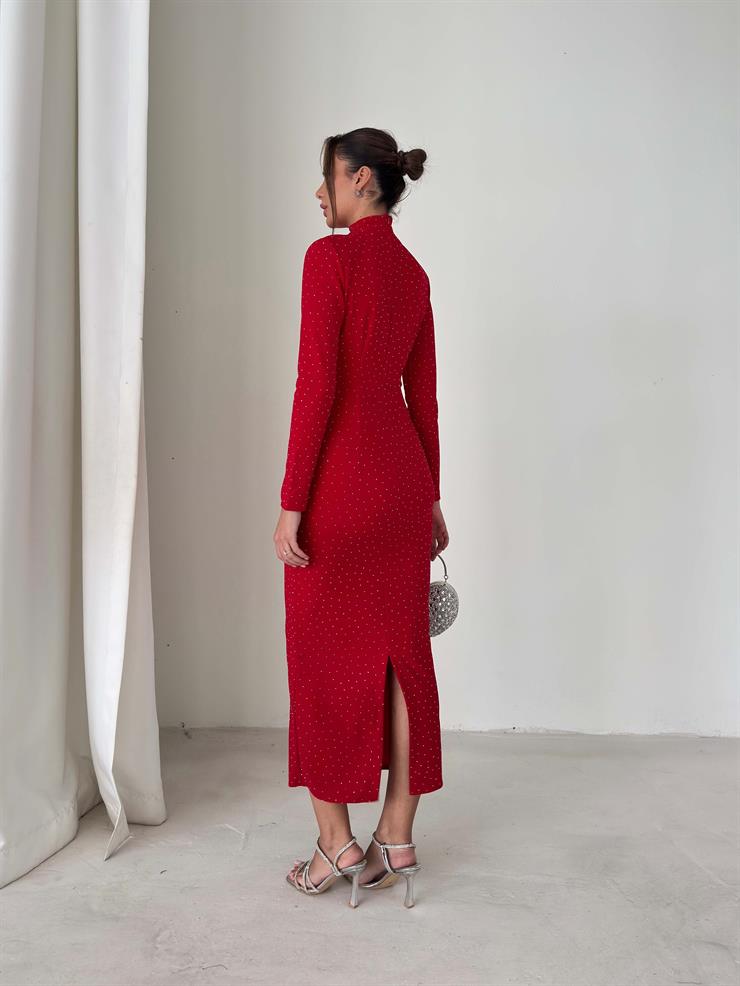 Taşlı Drape Detaylı Arkası Yırtmaçlı Aksesuarlı Ferguson Kırmızı Kadın Elbise 26K235