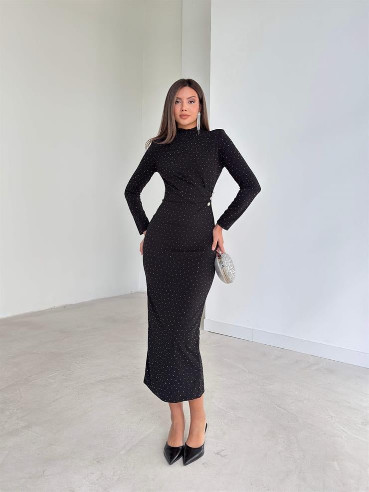 Taşlı Drape Detaylı Arkası Yırtmaçlı Aksesuarlı Ferguson Siyah Kadın Elbise 26K235