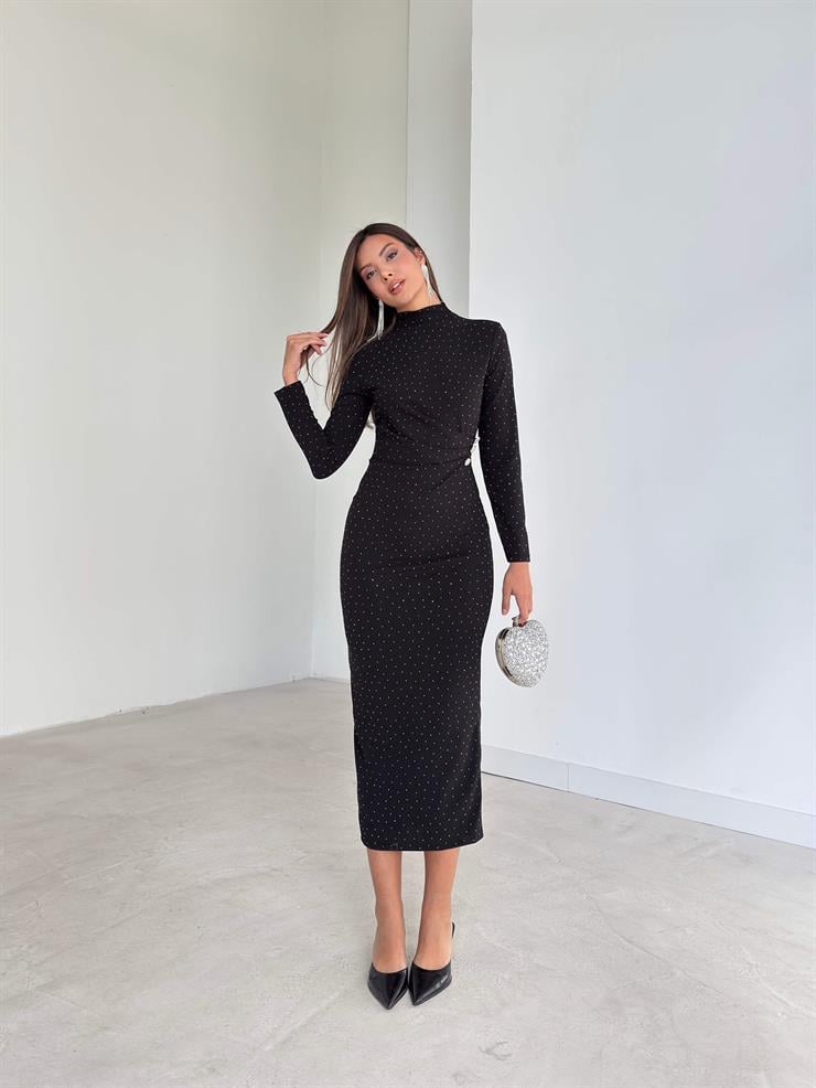 Taşlı Drape Detaylı Arkası Yırtmaçlı Aksesuarlı Ferguson Siyah Kadın Elbise 26K235