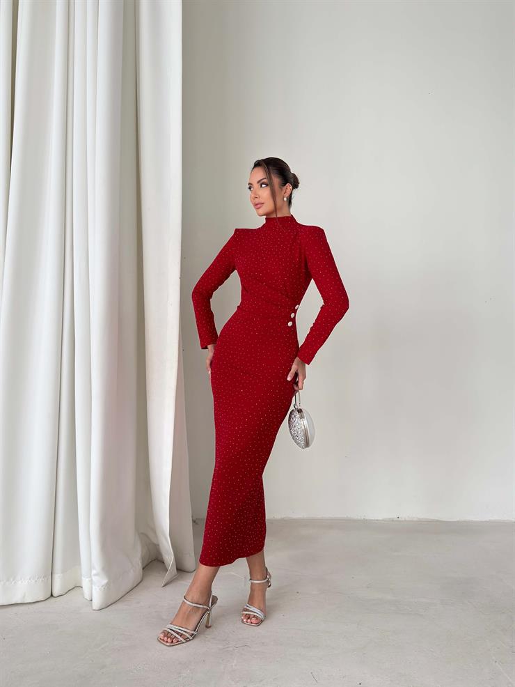 Taşlı Drape Detaylı Arkası Yırtmaçlı Aksesuarlı Ferguson Kırmızı Kadın Elbise 26K235