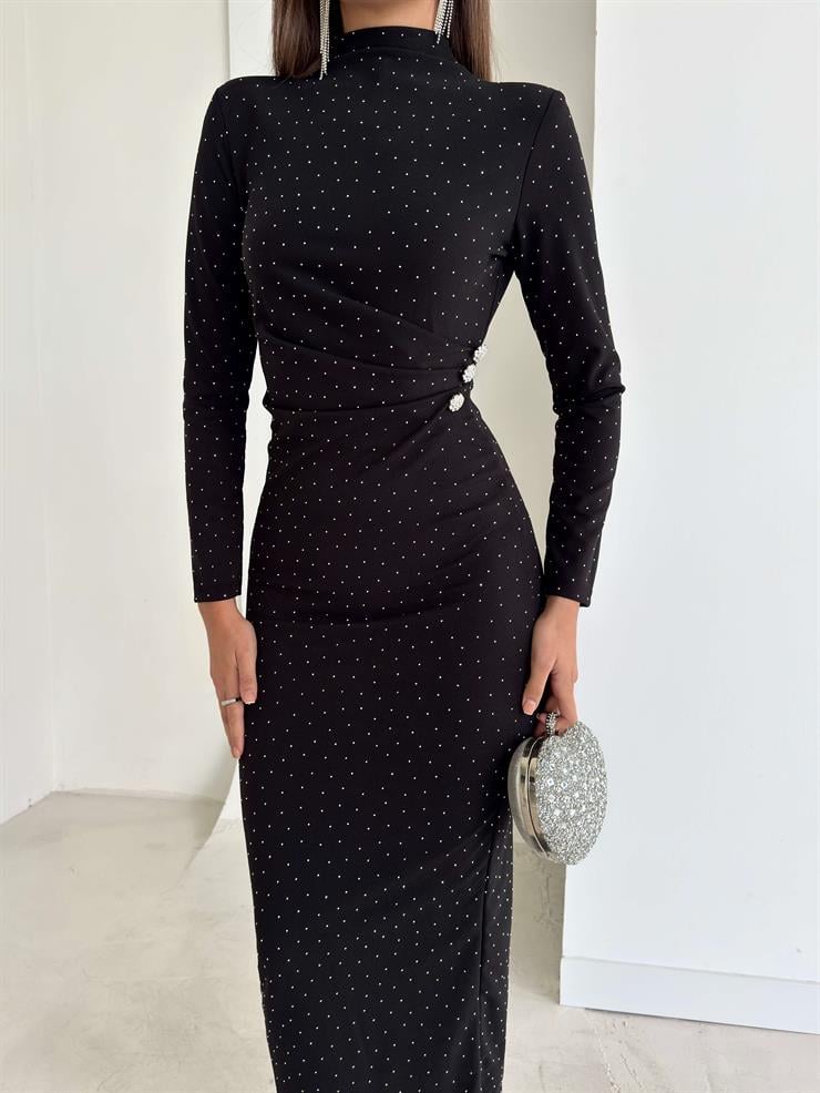 Taşlı Drape Detaylı Arkası Yırtmaçlı Aksesuarlı Ferguson Siyah Kadın Elbise 26K235