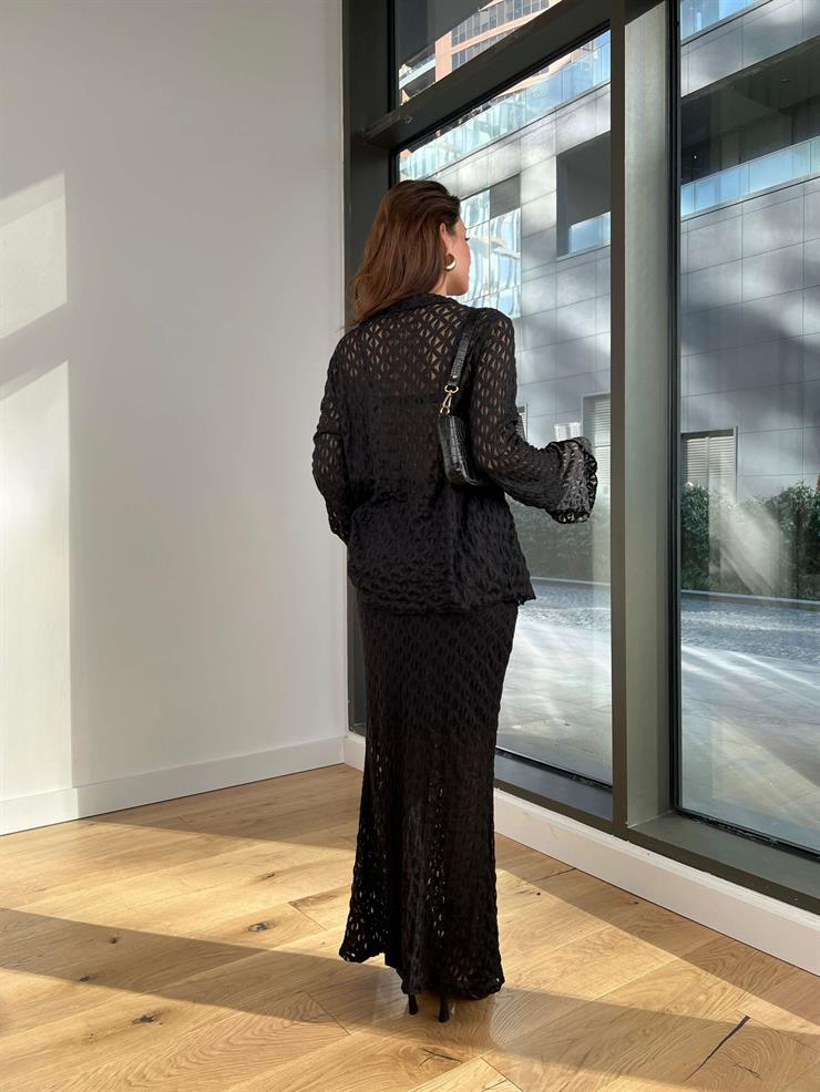 Transparan Geniş Kol Maxi Etek Ferin Kadın Siyah Takım 24Y050