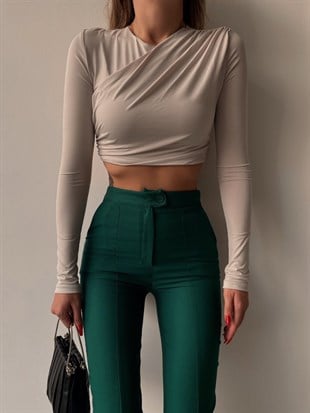 Omuz Drapeli Arka Fermuarlı Kadın Gri Crop Bluz 22K000269