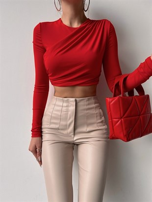 Omuz Drapeli Arka Fermuarlı Kadın Kırmızı Crop Bluz 22K000269