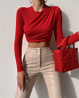 Omuz Drapeli Arka Fermuarlı Kadın Kırmızı Crop Bluz 22K000269