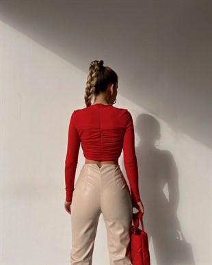 Omuz Drapeli Arka Fermuarlı Kadın Kırmızı Crop Bluz 22K000269