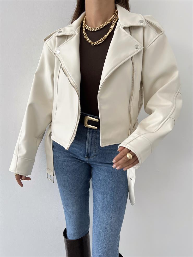 Fermuar Kapamalı Kemer Detaylı Pankrati Kadın Ekru Deri Ceket 23Y000618