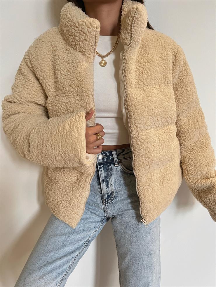 Fermuar Kapamalı Yanları Cepli Salome Kadın Bej Peluş Bomber Mont 24k000055