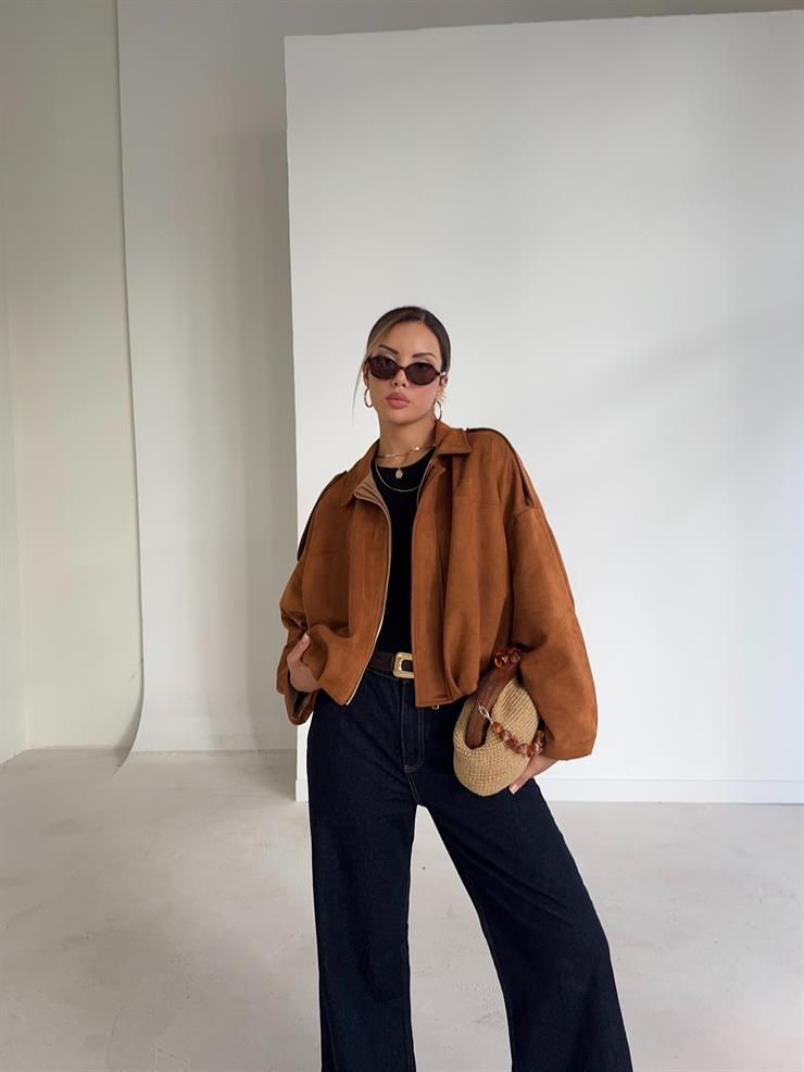 Fermuarlı Geniş Yaka Kalmen Taba Kadın Mont 26K081