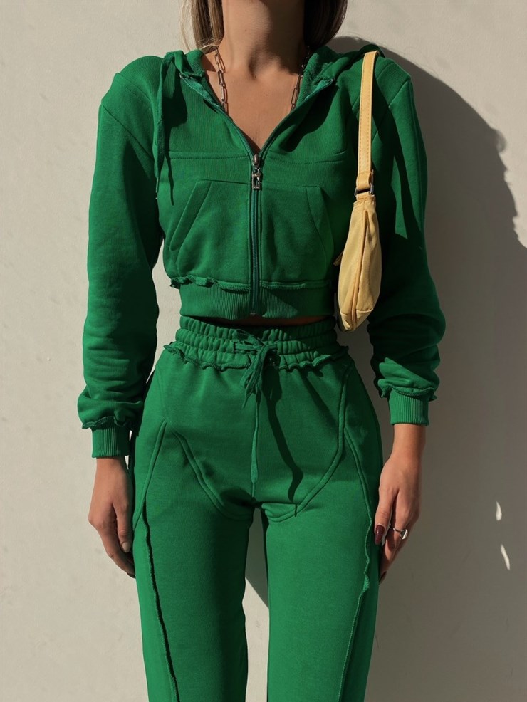Fermuarlı Kısa Sweat Lastikli Alt Elaine Kadın Yeşil İkili Eşofman Takım 22K000260