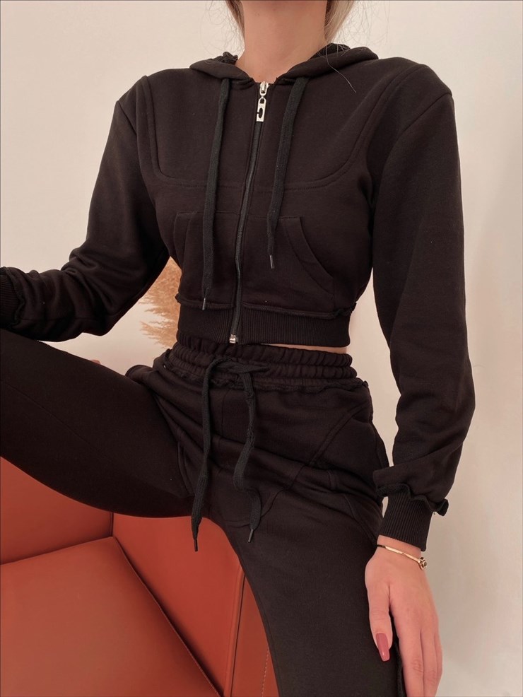 Fermuarlı Kısa Sweat Lastikli Alt Elaine Kadın Siyah İkili Eşofman Takım 22K000260