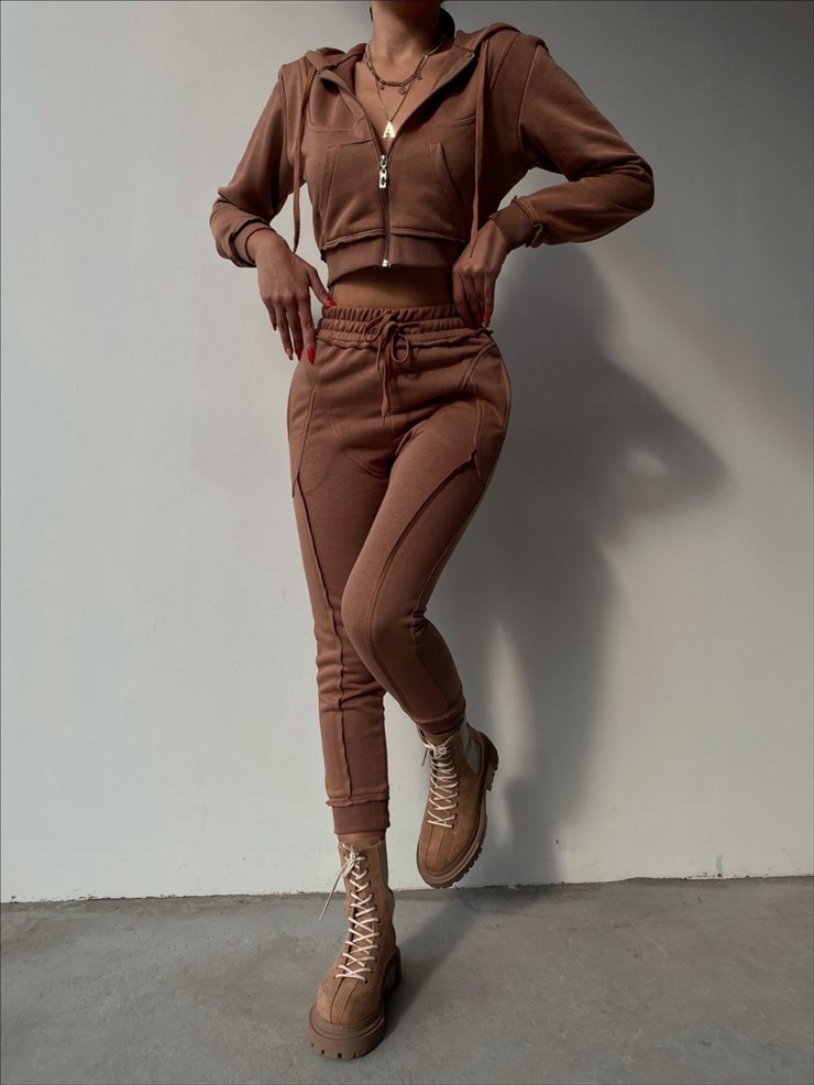 Fermuarlı Kısa Sweat Lastikli Alt Elaine Kadın Taba İkili Eşofman Takım 22K000260