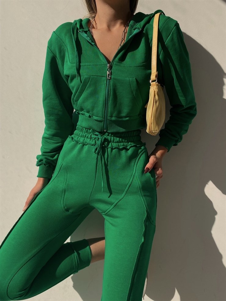 Fermuarlı Kısa Sweat Lastikli Alt Elaine Kadın Yeşil İkili Eşofman Takım 22K000260