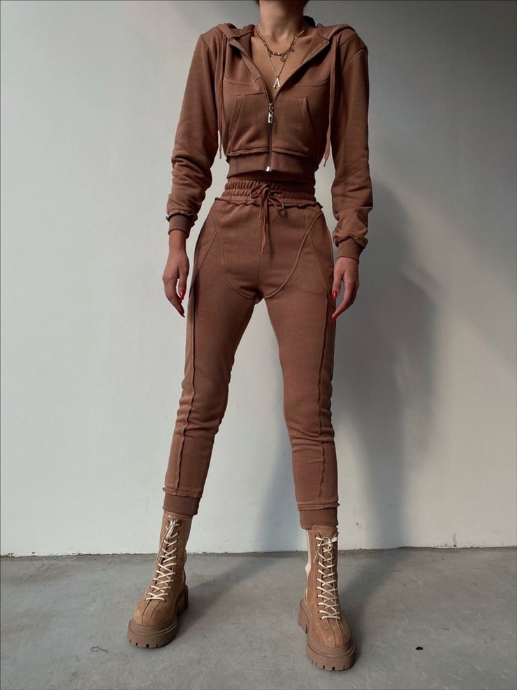 Fermuarlı Kısa Sweat Lastikli Alt Elaine Kadın Taba İkili Eşofman Takım 22K000260