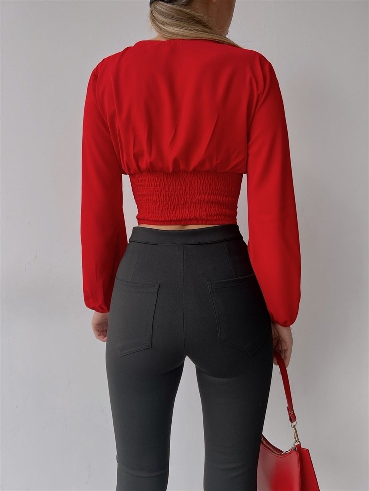 Fermuarlı V Yaka Aldene Kadın Kırmızı Crop Bluz 22K000446