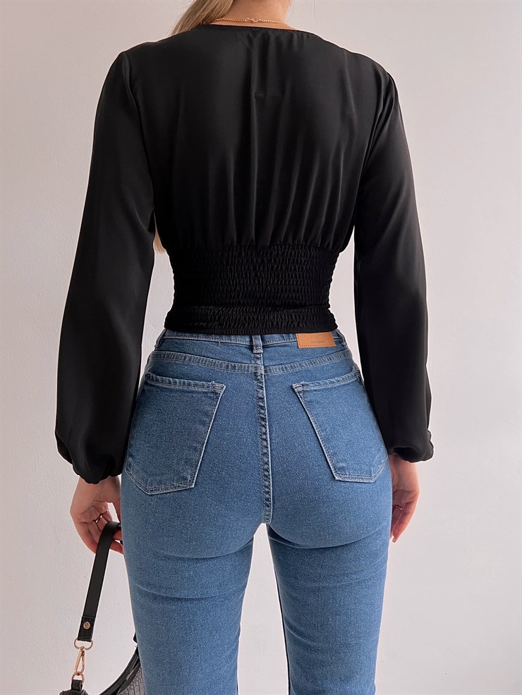 Fermuarlı V Yaka Aldene Kadın Siyah Crop Bluz 22K000446