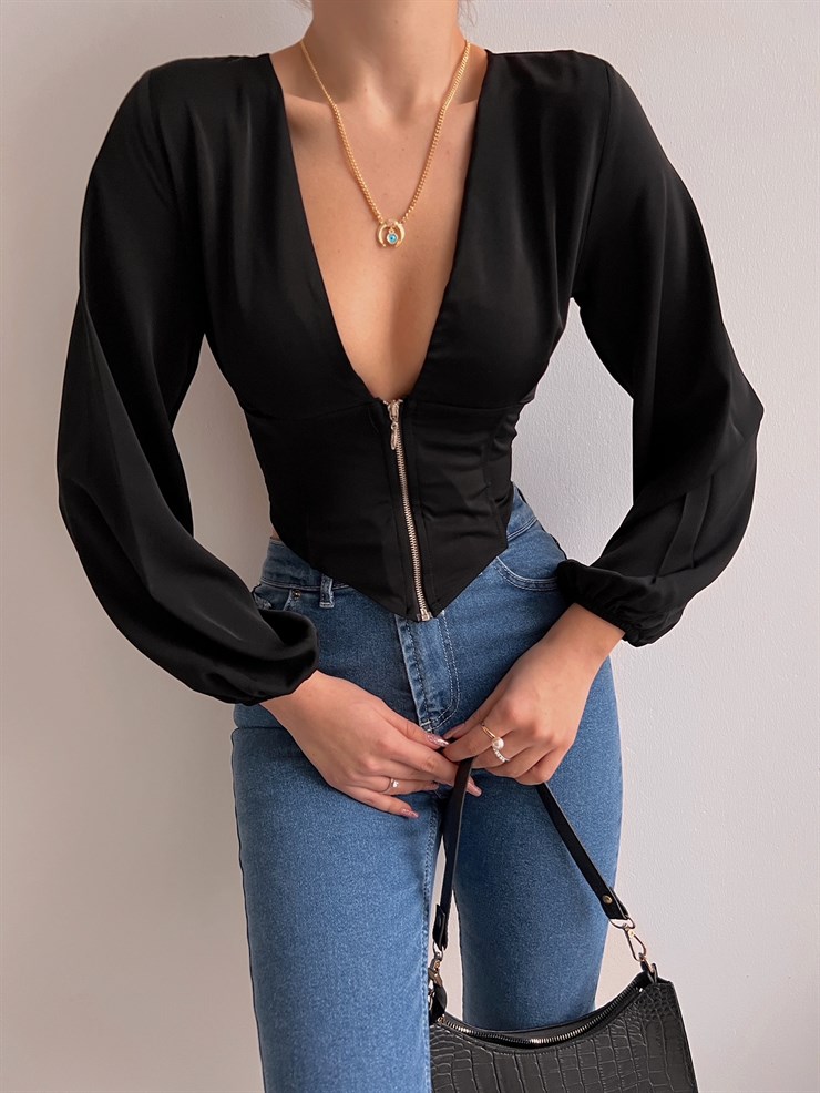 Fermuarlı V Yaka Aldene Kadın Siyah Crop Bluz 22K000446