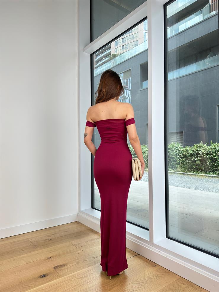 Madonna Yaka Tül Detaylı Fitilli Fernanda Kadın Bordo Maxi Elbise 24Y613