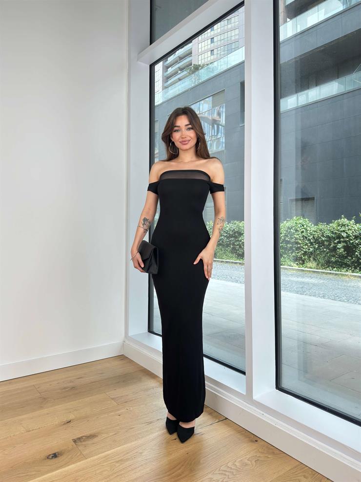 Madonna Yaka Tül Detaylı Fitilli Fernanda Kadın Siyah Maxi Elbise 24Y613