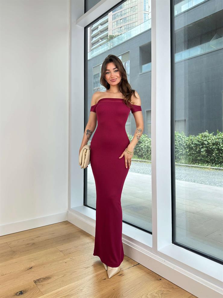 Madonna Yaka Tül Detaylı Fitilli Fernanda Kadın Bordo Maxi Elbise 24Y613