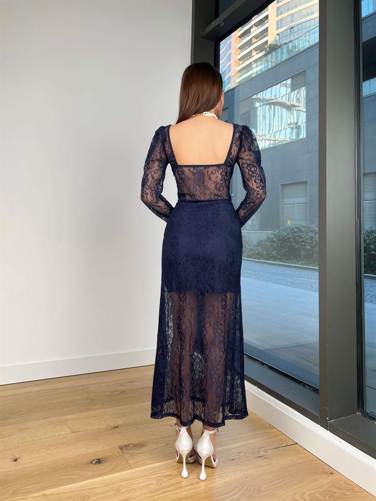 Korse Detaylı Transparan Yandan Yırtmaçlı Fernando Kadın Lacivert Elbise 24Y110