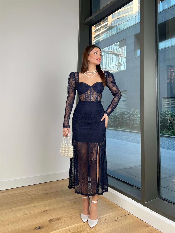 Korse Detaylı Transparan Yandan Yırtmaçlı Fernando Kadın Lacivert Elbise 24Y110