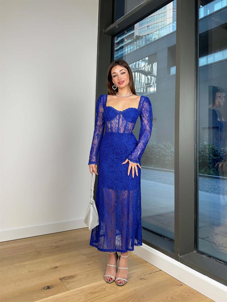 Korse Detaylı Transparan Yandan Yırtmaçlı Fernando Kadın Saks Elbise 24Y110