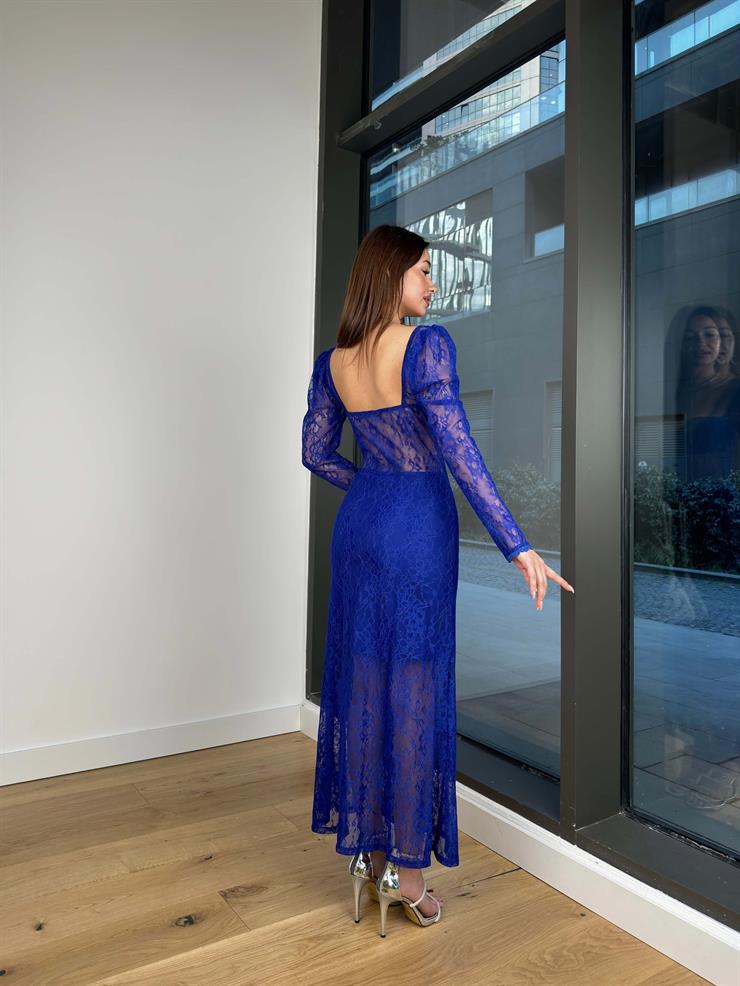 Korse Detaylı Transparan Yandan Yırtmaçlı Fernando Kadın Saks Elbise 24Y110