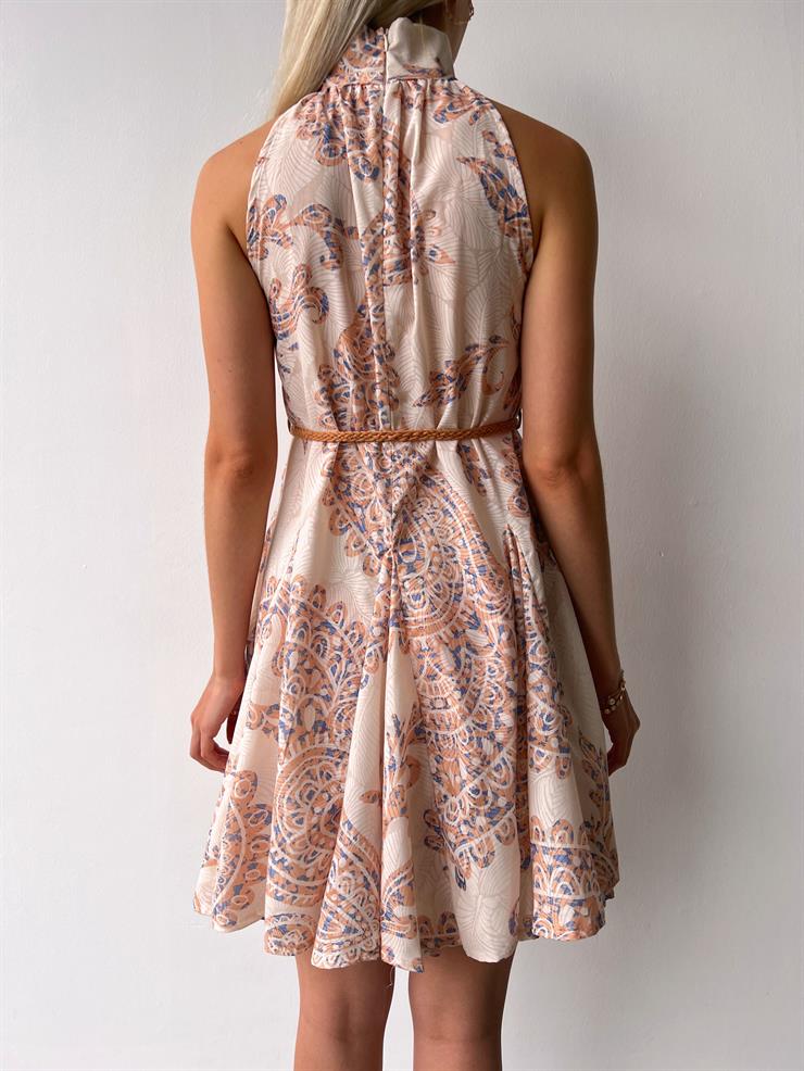 Halter Yaka Önü Düğmeli Beli Bağcıklı Fide Kadın Bej Mini Elbise 23Y000419