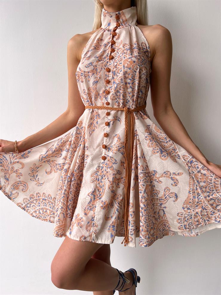 Halter Yaka Önü Düğmeli Beli Bağcıklı Fide Kadın Bej Mini Elbise 23Y000419