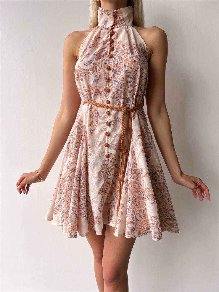 Halter Yaka Önü Düğmeli Beli Bağcıklı Fide Kadın Bej Mini Elbise 23Y000419