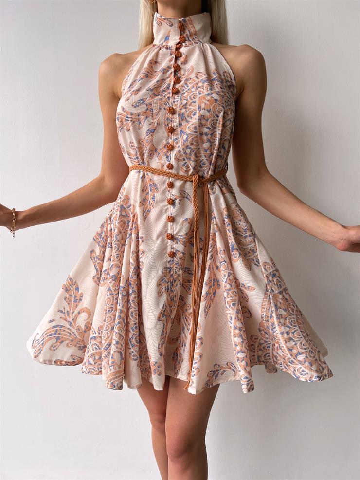 Halter Yaka Önü Düğmeli Beli Bağcıklı Fide Kadın Bej Mini Elbise 23Y000419