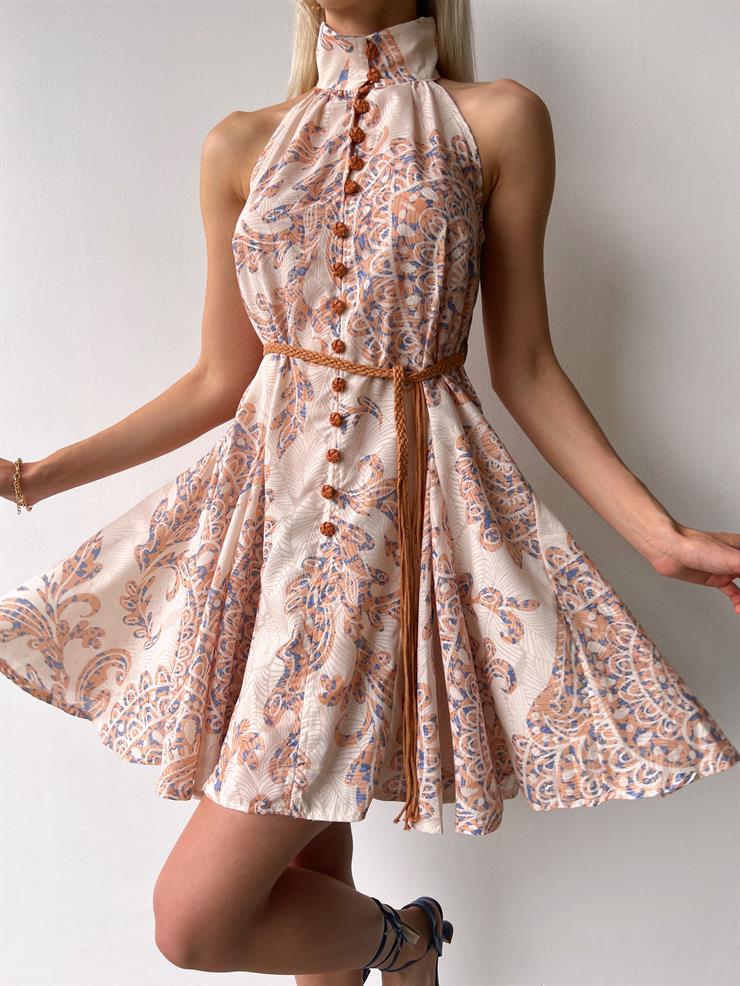 Halter Yaka Önü Düğmeli Beli Bağcıklı Fide Kadın Bej Mini Elbise 23Y000419