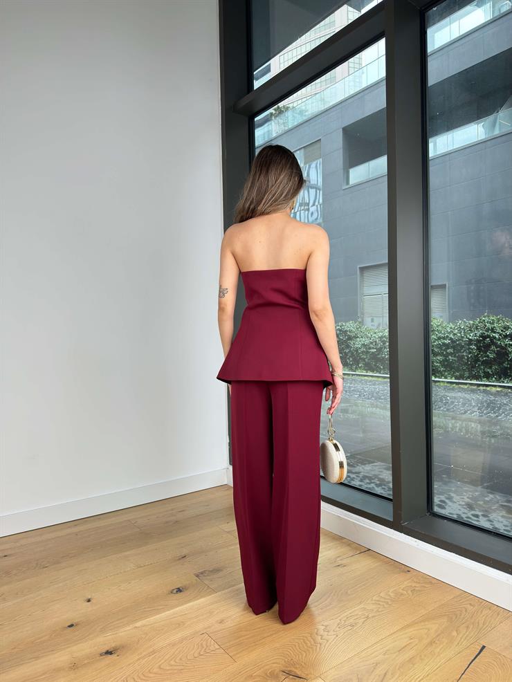 Straplez Düğme Kapamalı Fiks Bordo Kadın Bluz 25Y084