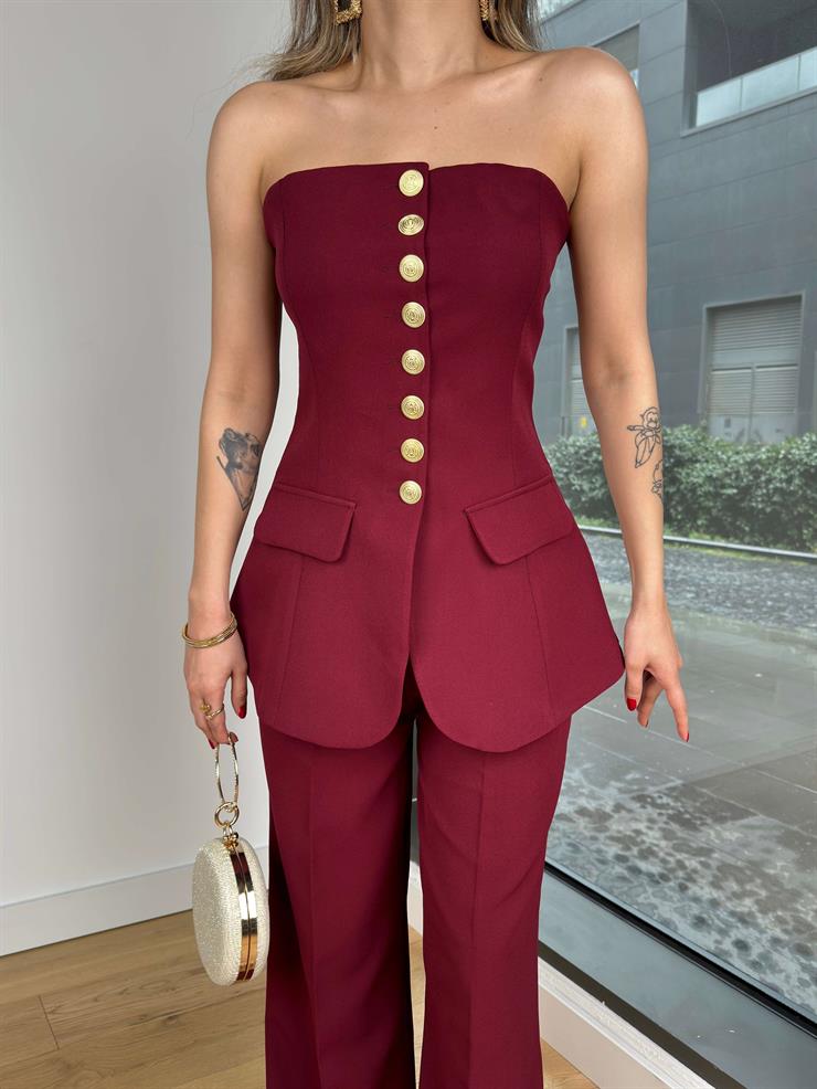 Straplez Düğme Kapamalı Fiks Bordo Kadın Bluz 25Y084