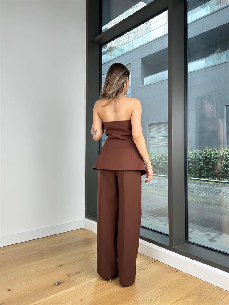 Straplez Düğme Kapamalı Fiks Kahve Kadın Bluz 25Y084