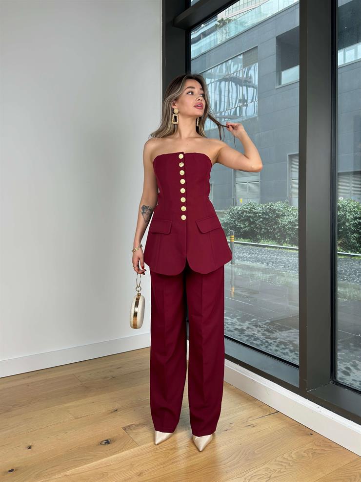 Straplez Düğme Kapamalı Fiks Bordo Kadın Bluz 25Y084