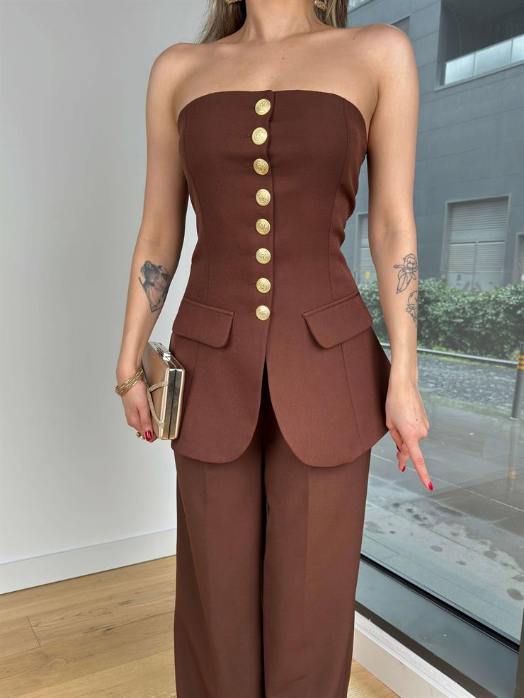 Straplez Düğme Kapamalı Fiks Kahve Kadın Bluz 25Y084